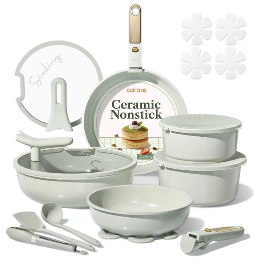 20-Piece Ceramic Nonstick Cookware Set with Detachable Handle