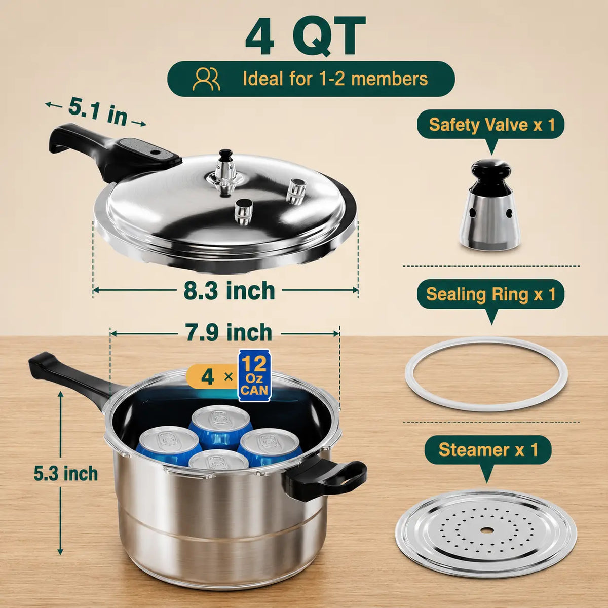 Stainless Steel Stovetop Pressure Cooker – 4–11 Qt