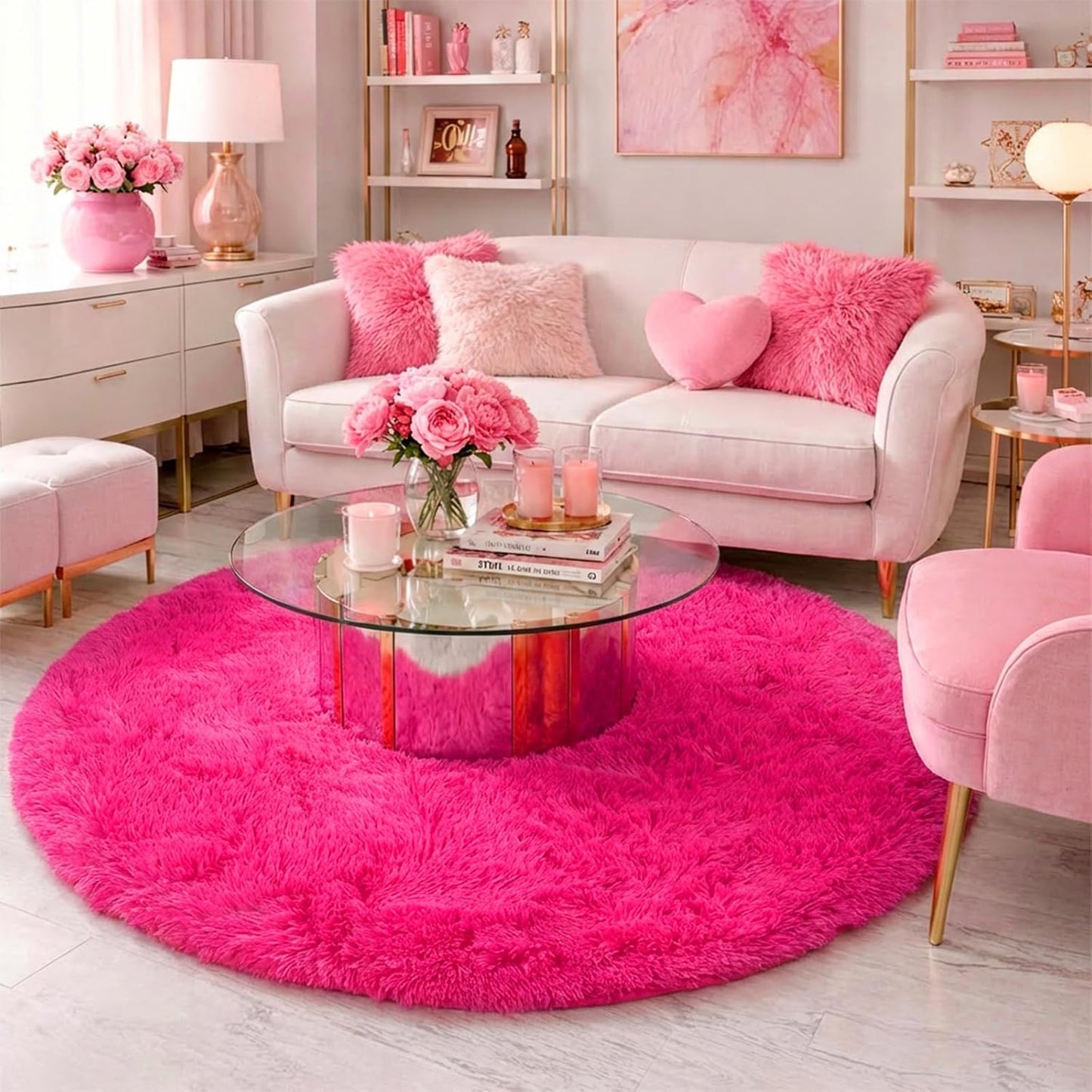 Hot Pink Round Plush Shag Rug 4 ft