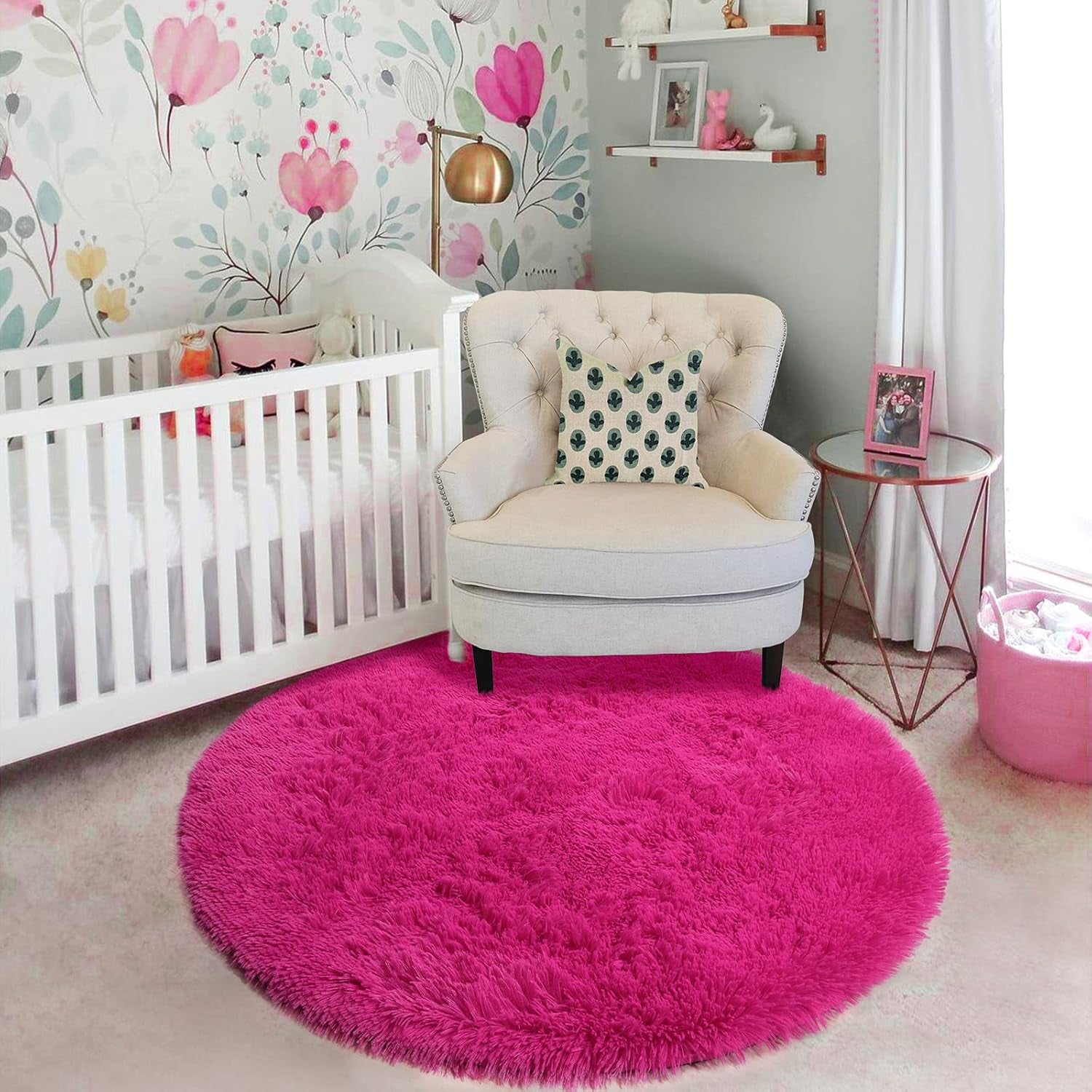 Hot Pink Round Plush Shag Rug 4 ft