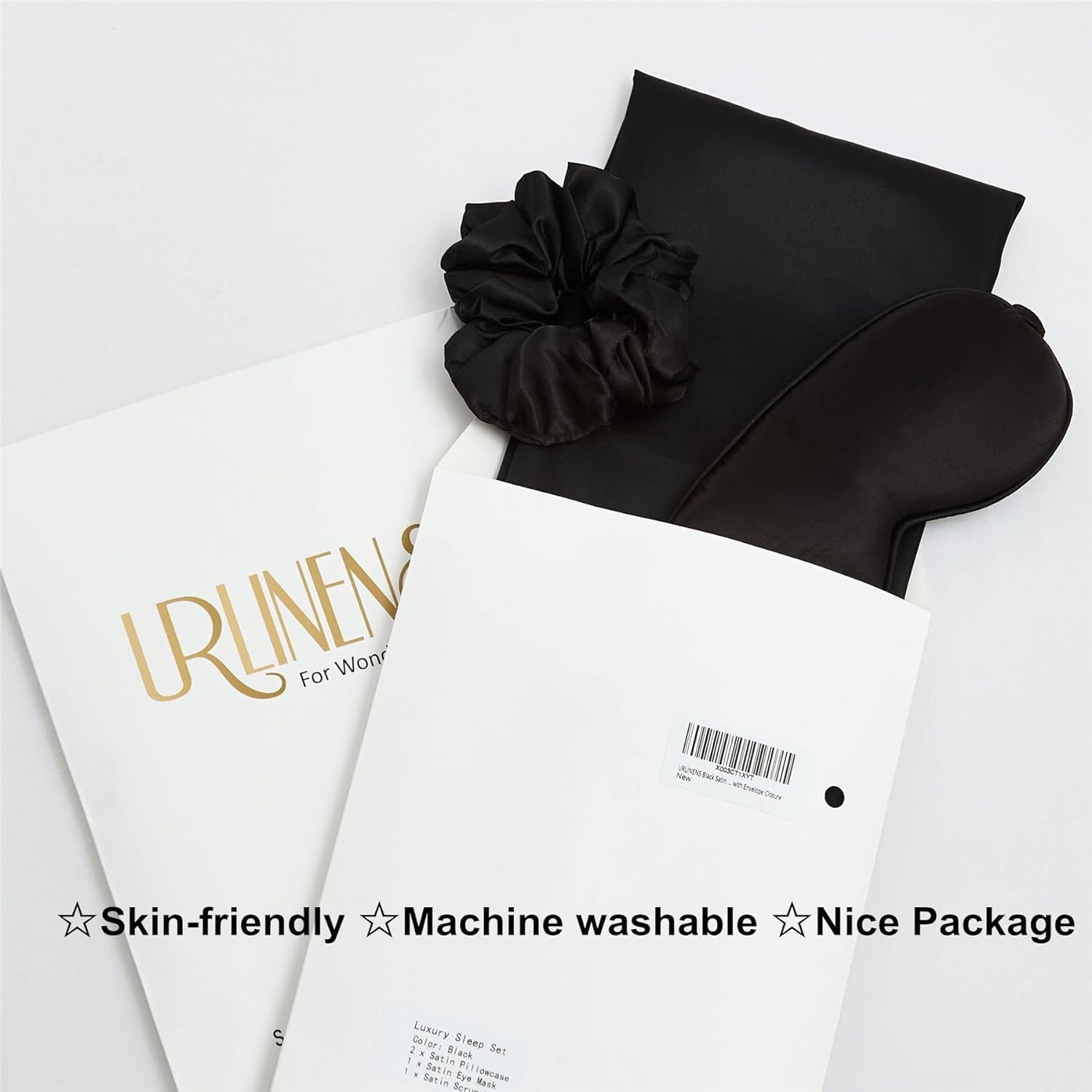 Black Satin Pillowcase Set with Eye Mask & Scrunchie