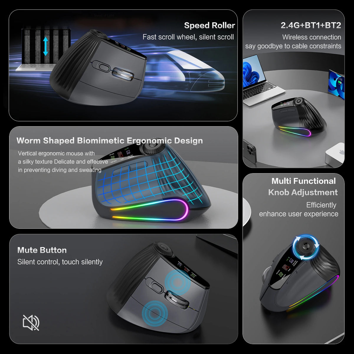 RGB Wireless Vertical Ergonomic Mouse – Tri-Mode