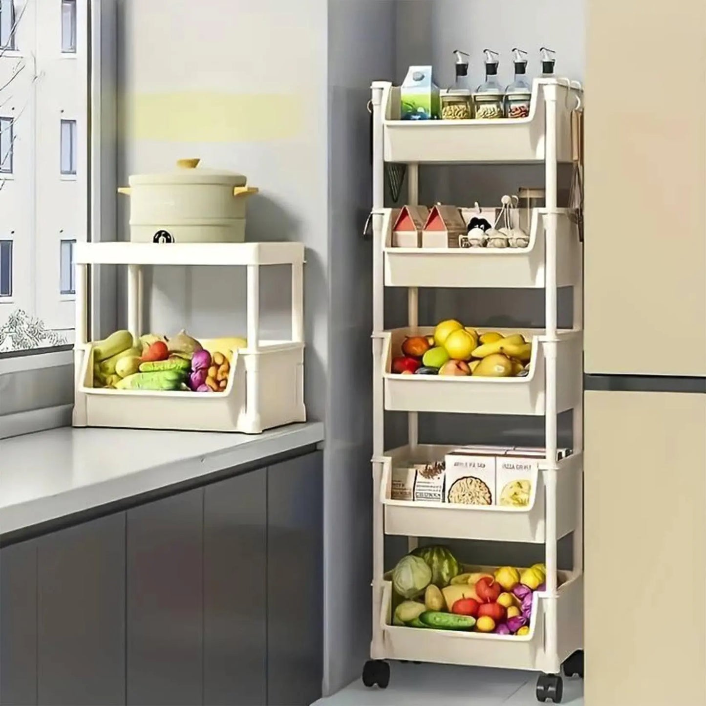 5-Tier Rolling Storage Cart with Wheels – Beige