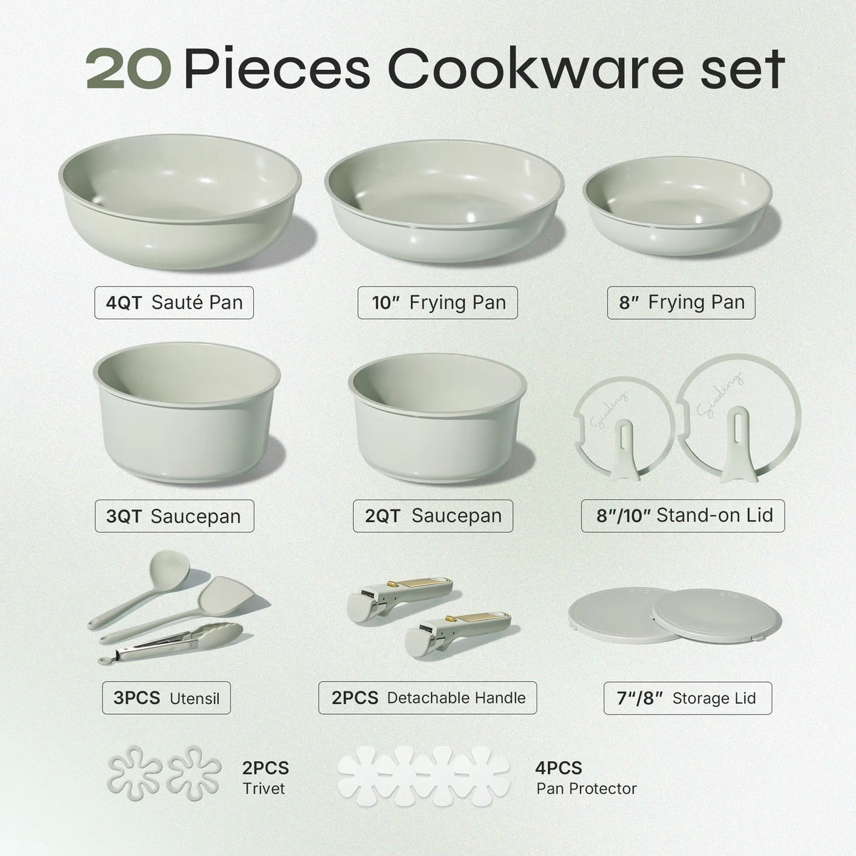 20-Piece Ceramic Nonstick Cookware Set with Detachable Handle