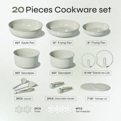 20-Piece Ceramic Nonstick Cookware Set with Detachable Handle