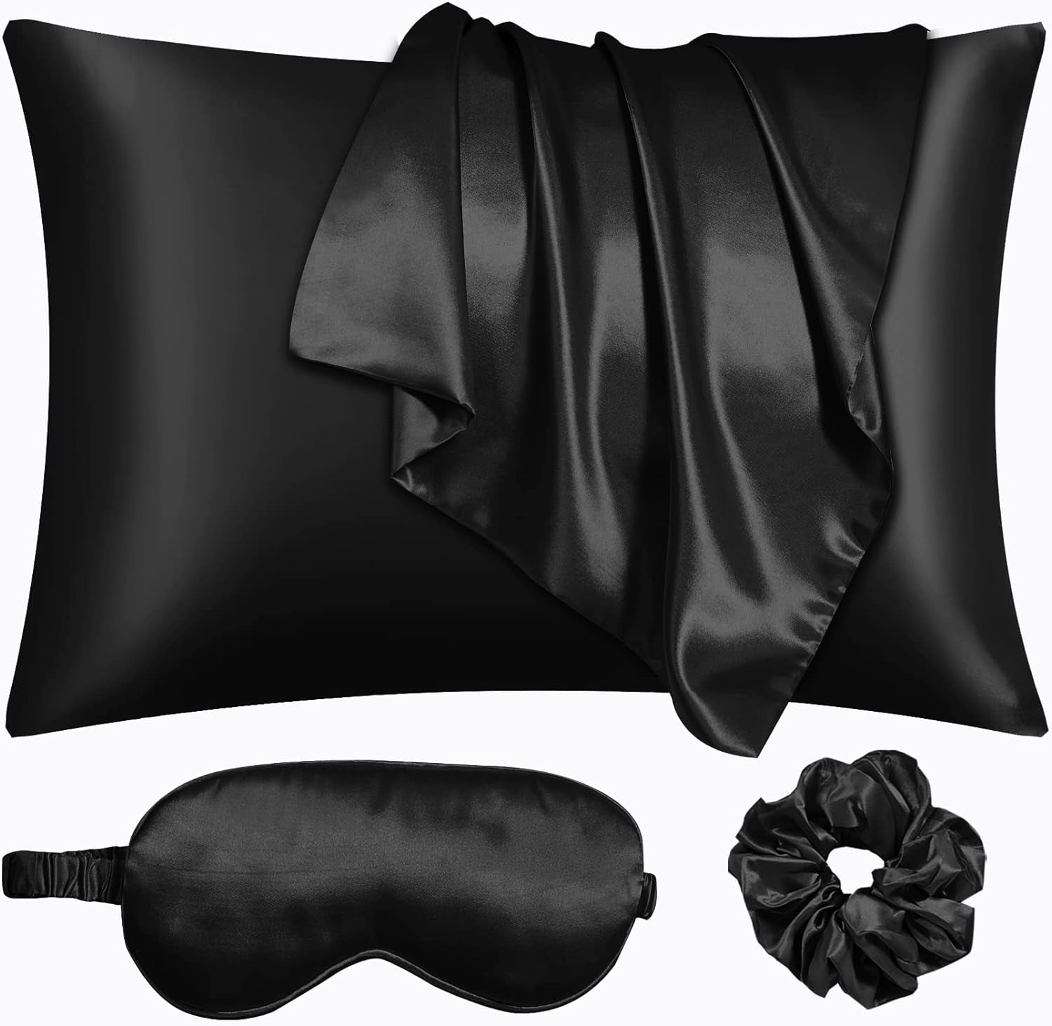 Black Satin Pillowcase Set with Eye Mask & Scrunchie