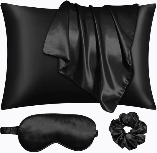 Black Satin Pillowcase Set with Eye Mask & Scrunchie