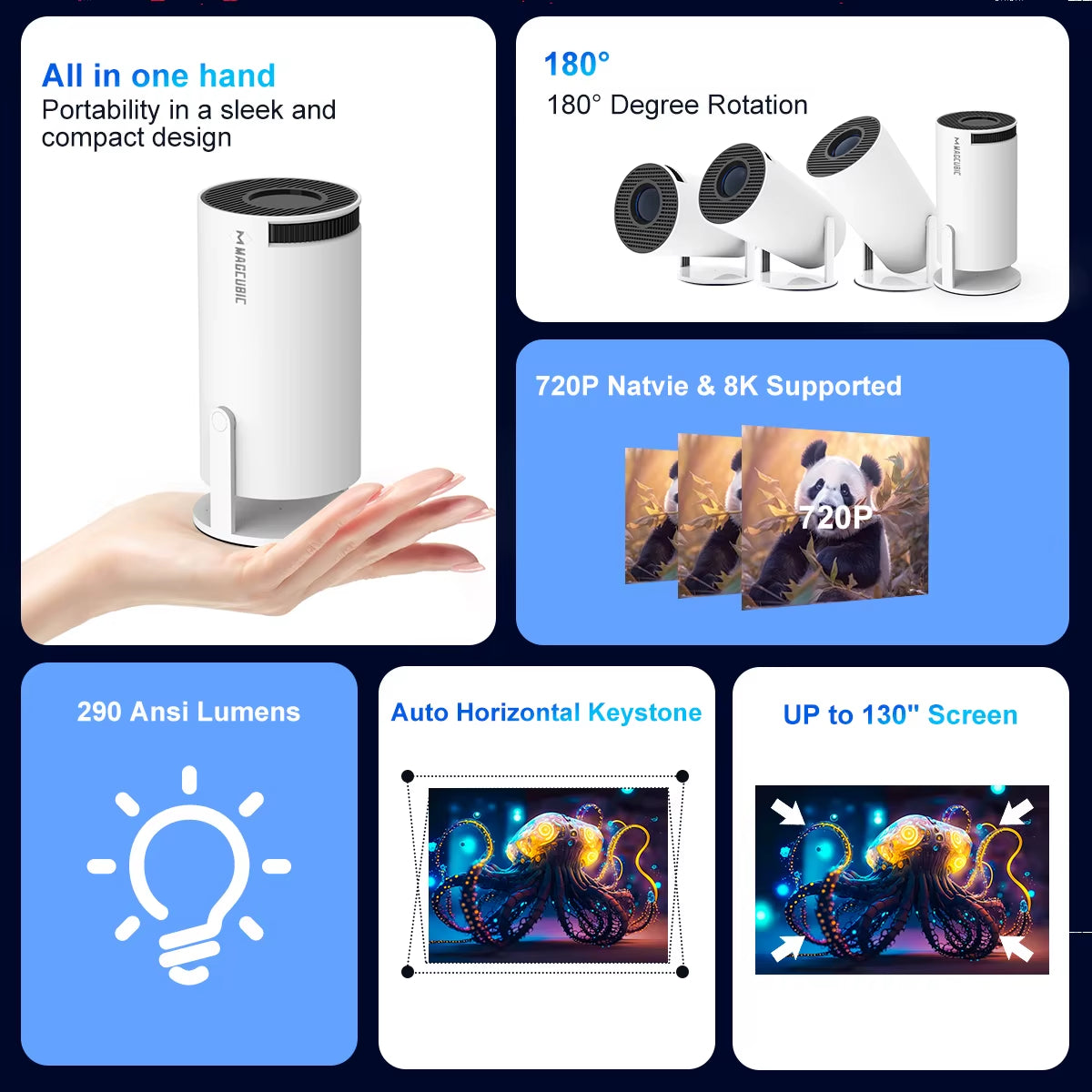 HY300 Pro Mini Projector – 720P Android 14, 8K Support